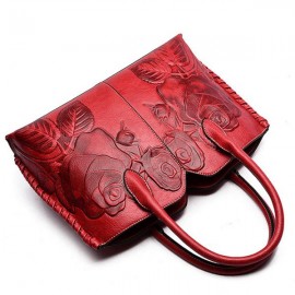 Women Retro PU Leather Handbag Embossed Peony Chinese Style Large Capacity Crossbody Bag