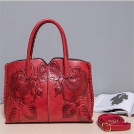 Women Retro PU Leather Handbag Embossed Peony Chinese Style Large Capacity Crossbody Bag