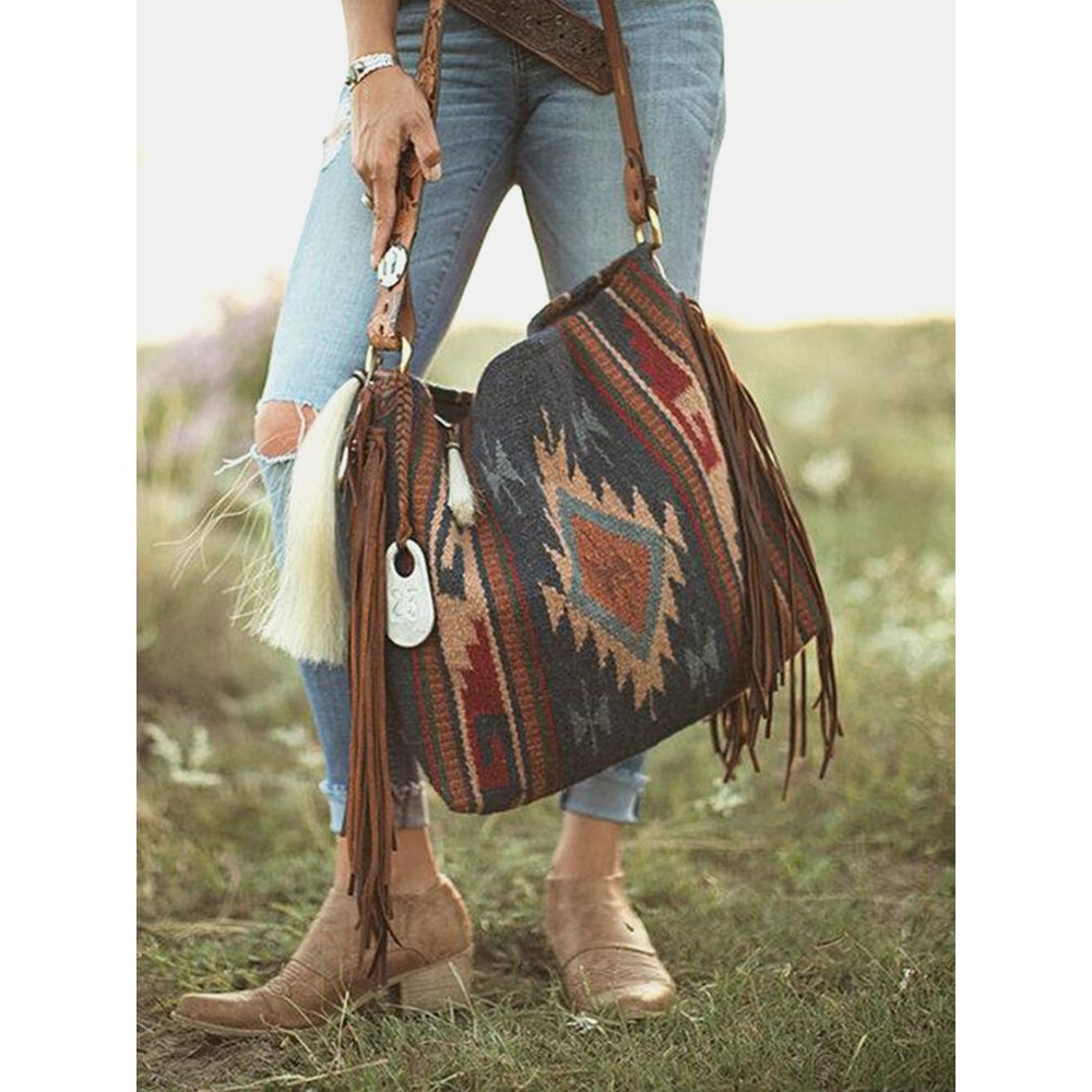 Women Retro Tassel Felt Geometric Print Ethnic Handbag Shoulder Bag Tote