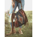 Women Retro Tassel Felt Geometric Print Ethnic Handbag Shoulder Bag Tote
