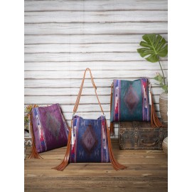 Women Retro Tassel Felt Geometric Print Ethnic Handbag Shoulder Bag Tote