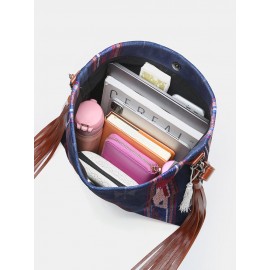 Women Retro Tassel Felt Geometric Print Ethnic Handbag Shoulder Bag Tote