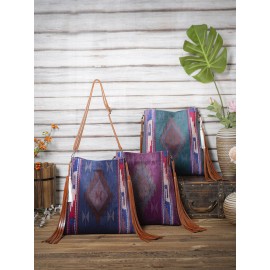 Women Retro Tassel Felt Geometric Print Ethnic Handbag Shoulder Bag Tote
