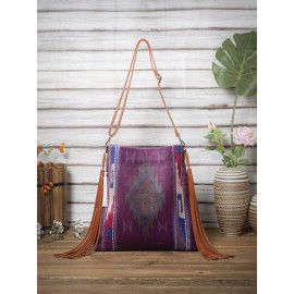 Women Retro Tassel Felt Geometric Print Ethnic Handbag Shoulder Bag Tote