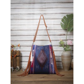 Women Retro Tassel Felt Geometric Print Ethnic Handbag Shoulder Bag Tote