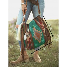 Women Retro Tassel Felt Geometric Print Ethnic Handbag Shoulder Bag Tote