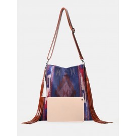 Women Retro Tassel Felt Geometric Print Ethnic Handbag Shoulder Bag Tote