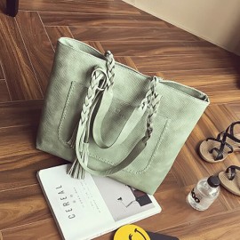 Women Solid Faux Leather Tassel Tote Bags Large Capacity Shoulder Bags