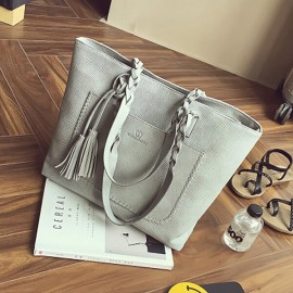 Women Solid Faux Leather Tassel Tote Bags Large Capacity Shoulder Bags