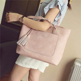Women Solid Faux Leather Tassel Tote Bags Large Capacity Shoulder Bags