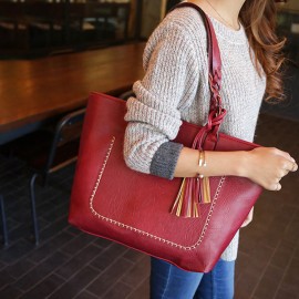 Women Solid Faux Leather Tassel Tote Bags Large Capacity Shoulder Bags