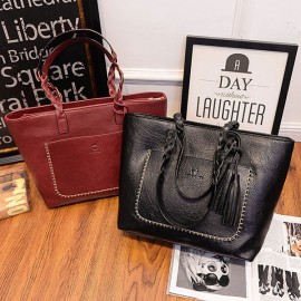Women Solid Faux Leather Tassel Tote Bags Large Capacity Shoulder Bags