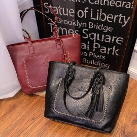 Women Solid Faux Leather Tassel Tote Bags Large Capacity Shoulder Bags