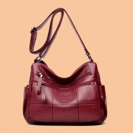 Women Solid Multi-Slot Soft Leather Crossbody Bag Leisure Stitching Messenger Bag