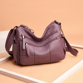 Women Solid Multi-Slot Soft Leather Crossbody Bag Leisure Stitching Messenger Bag