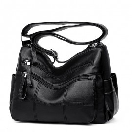 Women Solid Multi-Slot Soft Leather Crossbody Bag Leisure Stitching Messenger Bag