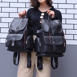 Women Solid PU Leather Casual Backpack Travel Shoulder Bag