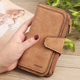 Women Trifold Dull Polish Faux Leather Long Wallet Card Holder Purse