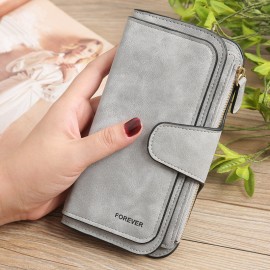Women Trifold Dull Polish Faux Leather Long Wallet Card Holder Purse