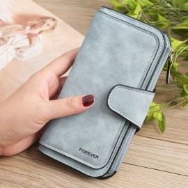 Women Trifold Dull Polish Faux Leather Long Wallet Card Holder Purse