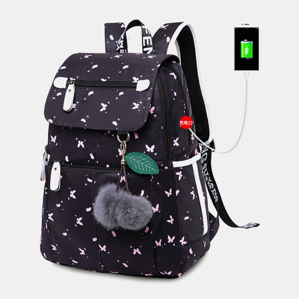 Women USB Charging Printed 15.6 Inch Laptop Pocket Fluffy Ball Large-capacity Backpack