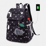 Women USB Charging Printed 15.6 Inch Laptop Pocket Fluffy Ball Large-capacity Backpack