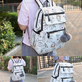 Women USB Charging Printed 15.6 Inch Laptop Pocket Fluffy Ball Large-capacity Backpack
