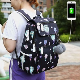 Women USB Charging Printed 15.6 Inch Laptop Pocket Fluffy Ball Large-capacity Backpack