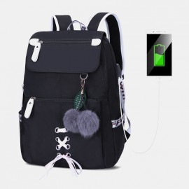 Women USB Charging Printed 15.6 Inch Laptop Pocket Fluffy Ball Large-capacity Backpack