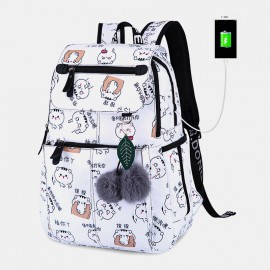 Women USB Charging Printed 15.6 Inch Laptop Pocket Fluffy Ball Large-capacity Backpack