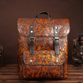 Women Vintage Genuine Leather Backpack Printing Flower National Style Satchel