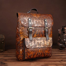 Women Vintage Genuine Leather Backpack Printing Flower National Style Satchel