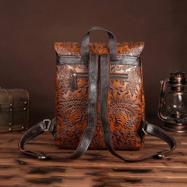 Women Vintage Genuine Leather Backpack Printing Flower National Style Satchel