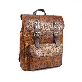Women Vintage Genuine Leather Backpack Printing Flower National Style Satchel