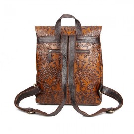 Women Vintage Genuine Leather Backpack Printing Flower National Style Satchel
