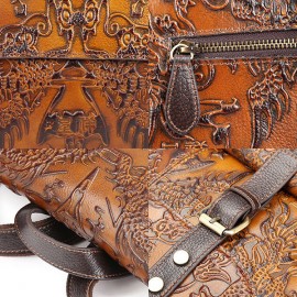 Women Vintage Genuine Leather Backpack Printing Flower National Style Satchel