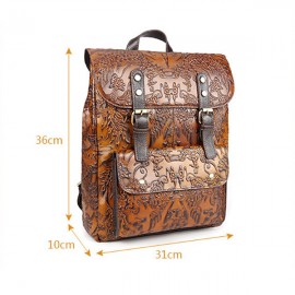 Women Vintage Genuine Leather Backpack Printing Flower National Style Satchel