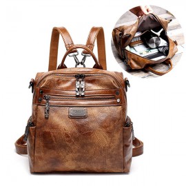 Women Vintage Oil Wax Multi-function Backpack Large Capacity Crossbody Bags Solid Handbags