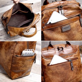 Women Vintage Oil Wax Multi-function Backpack Large Capacity Crossbody Bags Solid Handbags