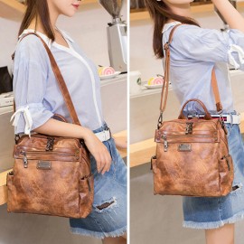 Women Vintage Oil Wax Multi-function Backpack Large Capacity Crossbody Bags Solid Handbags