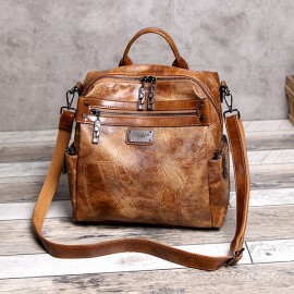 Women Vintage Oil Wax Multi-function Backpack Large Capacity Crossbody Bags Solid Handbags