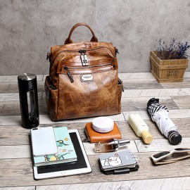 Women Vintage Oil Wax Multi-function Backpack Large Capacity Crossbody Bags Solid Handbags