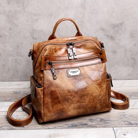 Women Vintage Oil Wax Multi-function Backpack Large Capacity Crossbody Bags Solid Handbags