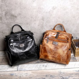 Women Vintage Oil Wax Multi-function Backpack Large Capacity Crossbody Bags Solid Handbags