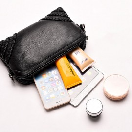 Women Vintage Soft PU Leather Crossbody Bag Solid Double Layer Shoulder Bag