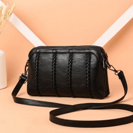 Women Vintage Soft PU Leather Crossbody Bag Solid Double Layer Shoulder Bag