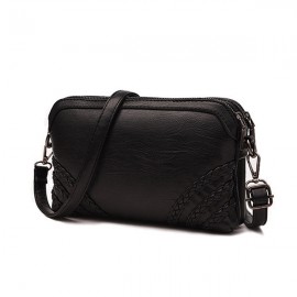 Women Vintage Soft PU Leather Crossbody Bag Solid Double Layer Shoulder Bag