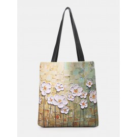 Women White Floral Pattern Print Shoulder Bag Handbag Tote