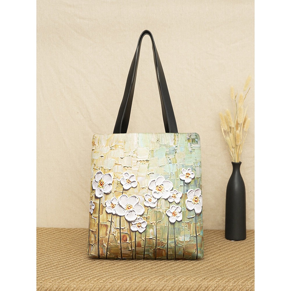 Women White Floral Pattern Print Shoulder Bag Handbag Tote