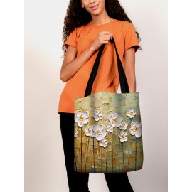Women White Floral Pattern Print Shoulder Bag Handbag Tote